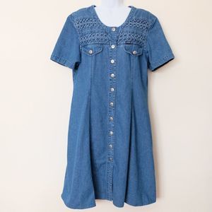 Vintage Button Down Denim Fit And Flare Midi Dress XL